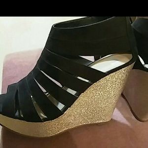 Gold and Black Wedge Sandal